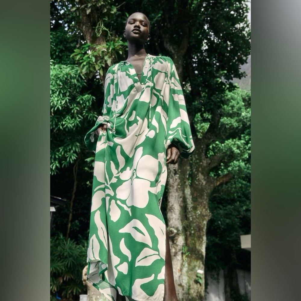 NWT H&M Balloon-sleeve Viscose Maxi Dress Green/White/Floral Sz XS S M L XL XXL